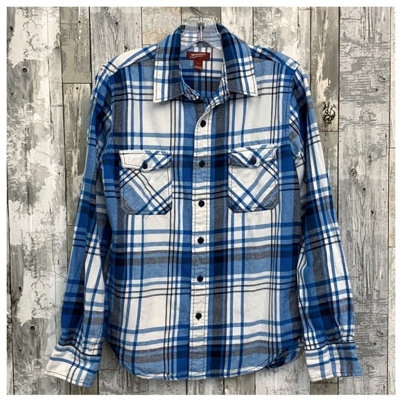 #473 Arizona Jeans Blue Plaid Flannel Button Down Long Sleeve Shirt Top Small - Picture 1 of 2